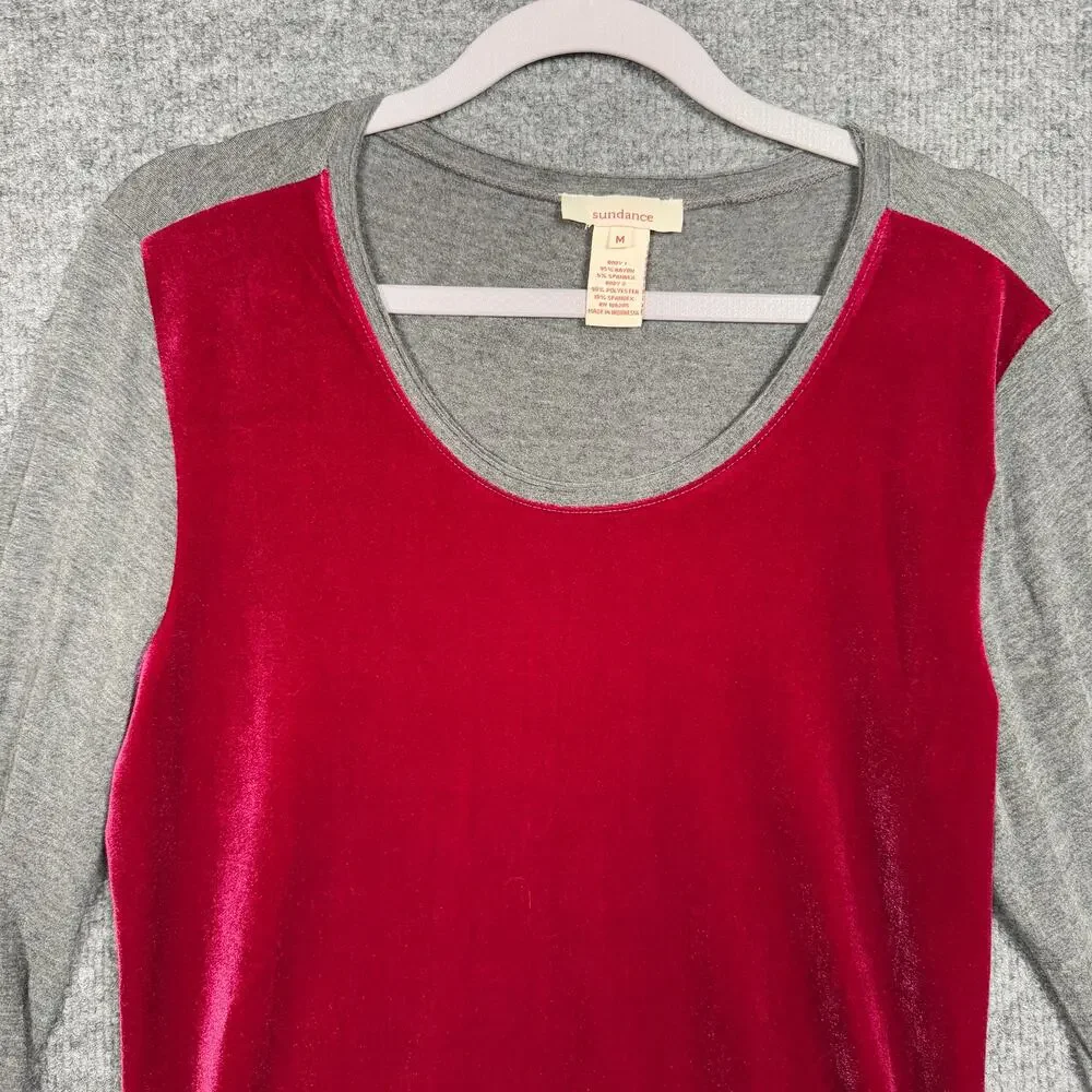 Sundance Size Medium Dulcet Tones Velour‎ Top Red Gray Colorblock Ruched Sleeves - Picture 2 of 8